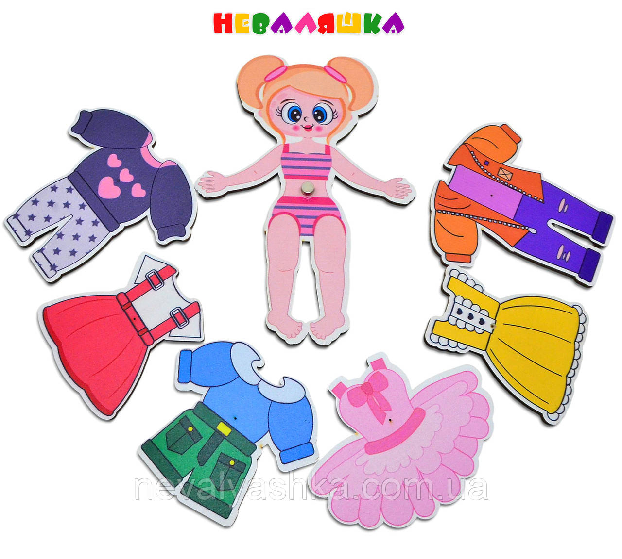 Кольорові Заготовки для Бізіборду Одевалка Дівчинка з Одягом на Магнітах Примірювальний Одяг з Фанери 6 шт