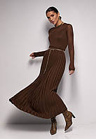 Женская вязанная юбка плиссе шоколадного цвета. Модель 2025 Trikobakh.