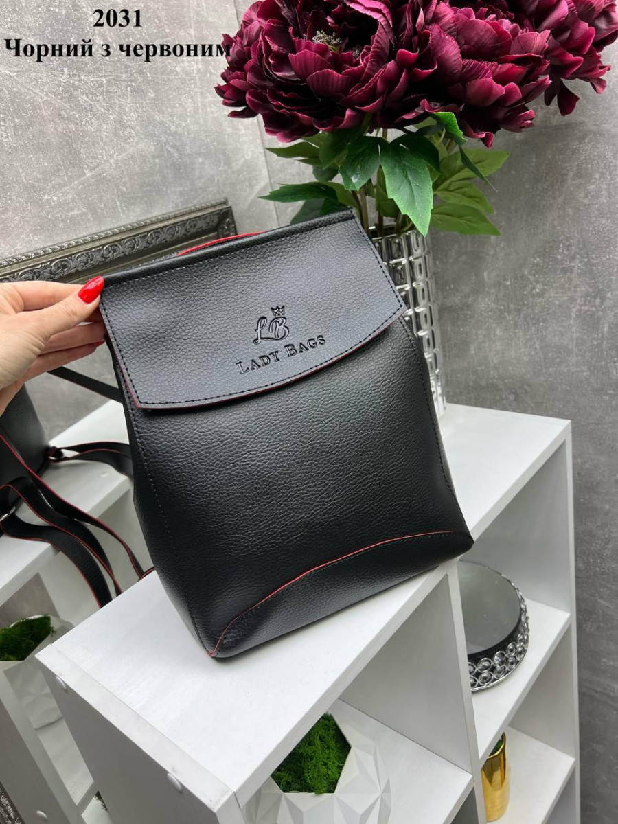 АКЦІЯ! Чорний з червоним краєм — великий рюкзак-трансформер (сумка-рюкзак) Lady Bags — школа, інститут (2031) 4927114