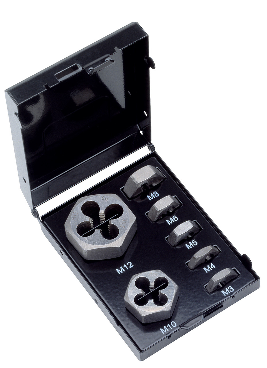 Набір плашок VOLKEL шестигранних М3-М12, 7 предметів, металевий кейс
