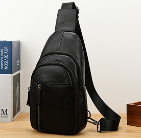 Чоловіча шкіряна сумка бананка на груди чорна | Кросбоді барсетка для чоловіків натуральна шкіра