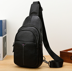 Шкіряна чоловіча бананка-слінг сумка нагрудна чорна, сумка-бананка з натуральної шкіри