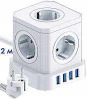 Універсальний настільний мережевий подовжувач 2 метри MADORU на 5 розеток 16 А й USB для заряджання, білий AVADONA