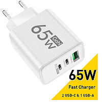 Зарядний пристрій живлення Блок живлення для телефону Maerknon 65W GAN 1 USB + 2 Type-C Швидка зарядка PD+QC3.0