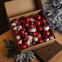 Набір новорічних куль "Бите Скло" 40 шт.Подарунковий набір ялинкових кульок Кульки на ялинку Колір Червоний