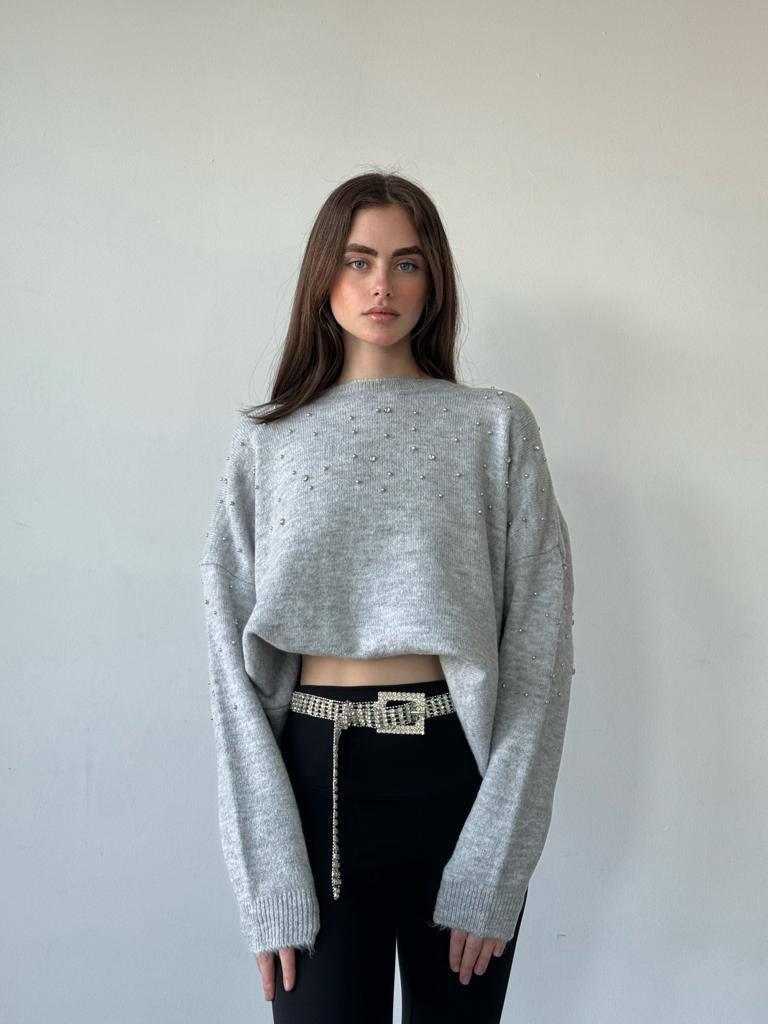 Жіночий светр оверсайз однотонний декорований камінням (р. 42-46) 14KF3355, фото 1