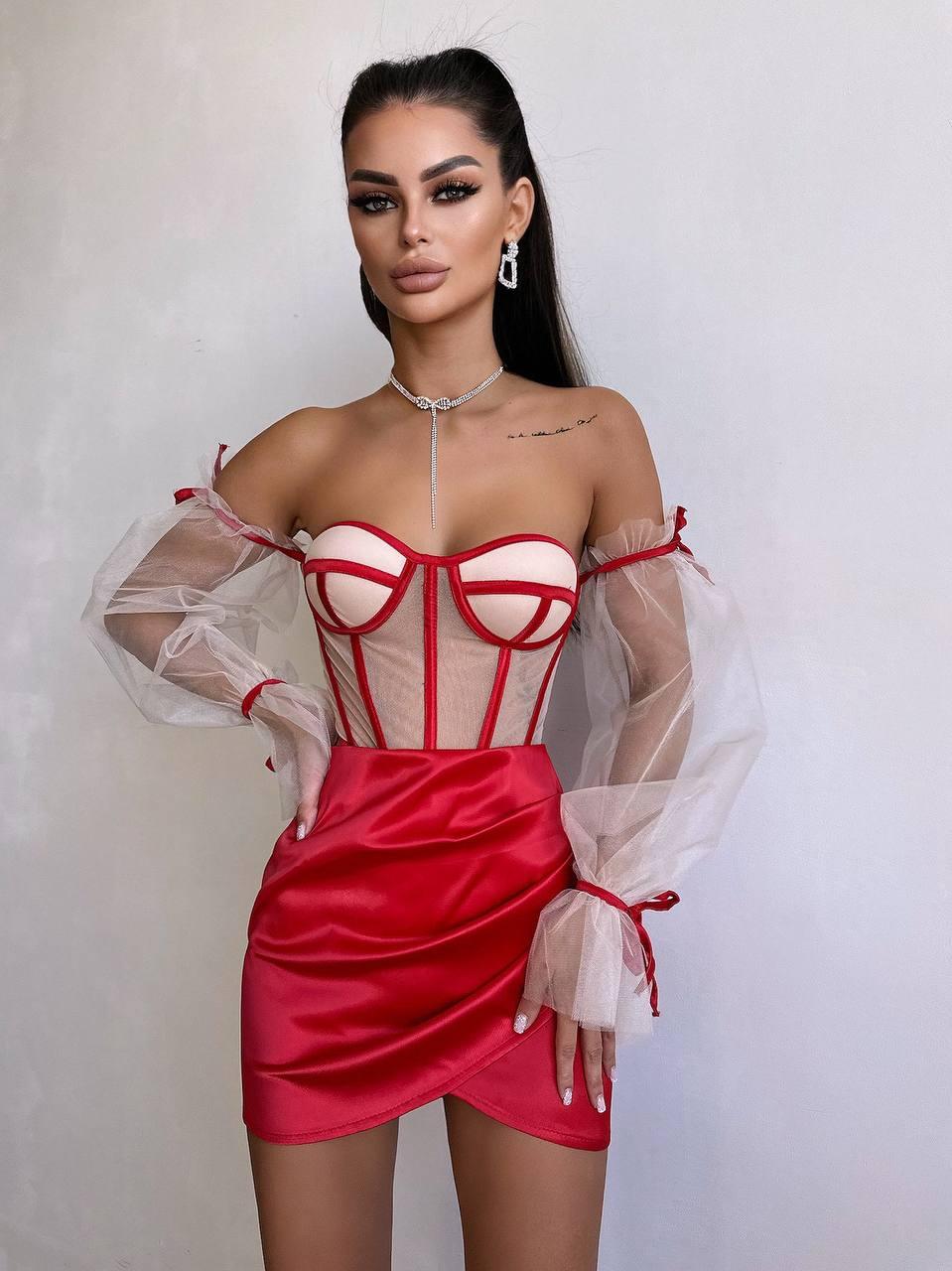 Коротке плаття двійка корсет бюстьє із сітки і асиметрична міні спідниця (р. 42, 44) 66PL5826Е, фото 1