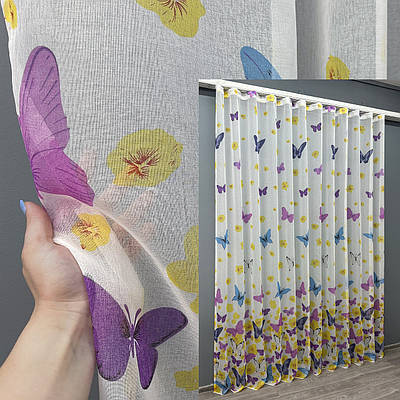Готова тюль (3х2,4м.) батист «Метелики». Колір білий з різнокольоровим принтом. Код 1459т 40-143
