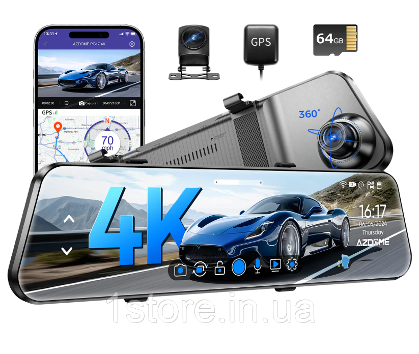 Дзеркало відеореєстратор Azdome PG17 4K Ultra HD 2 камери WIFI+GPS Регистратор