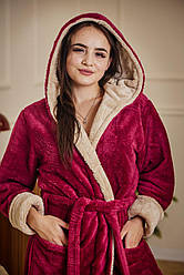 Халат махровий жіночий довгий З КАПЮШОНОМ МАРСАЛА/КАПУЧІНО 1060