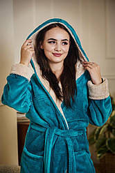 Халат махровий жіночий довгий З КАПЮШОНОМ БІРЮЗА/ДЖИНС 1060