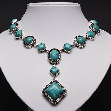 Кольє довге в стилі боххо кулон ромб зі сріблястими візерунками й елементами камінці з бірюзи довжина 65 см, фото 1