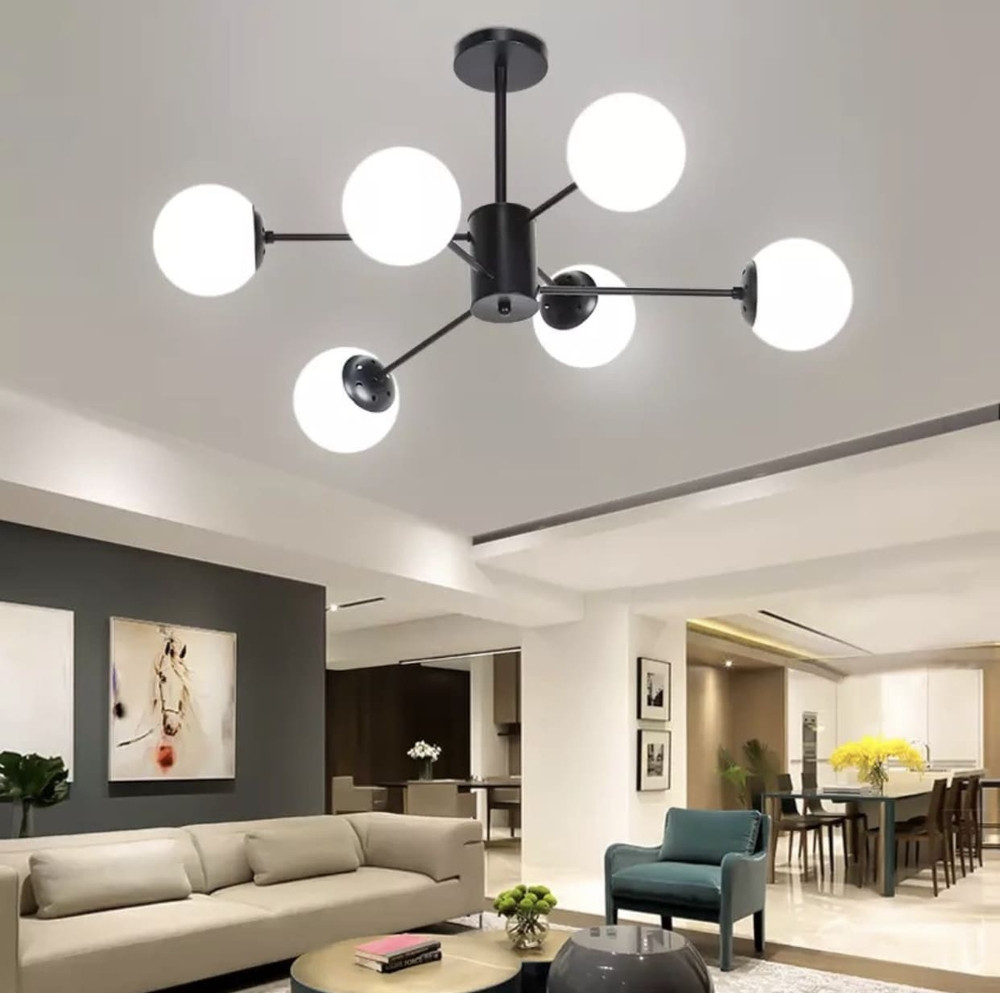 Мінімалістична чорна люстра з 6 білими матовими плафонами CD 111/6 BK, фото 1