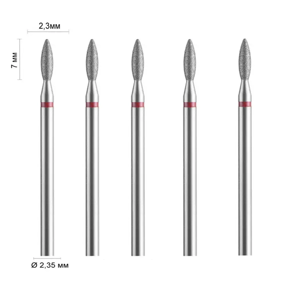 Набір фрез алмазних Ø 2,3 мм 243 полум'я, червона насічка 514-023 DLX, 5 шт, фото 1