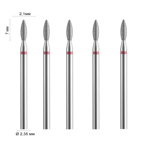 Набір фрез алмазних Ø 2,1 мм 243 полум'я, червона насічка 514-021 DLX, 5 шт, фото 1