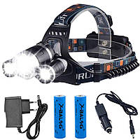 Налобний ліхтар + 2 акумулятора RJ-3000 (Т6+2XPE), від мережі та прикурювача / Акумуляторний ліхтарик на голову