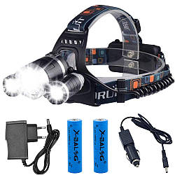 Налобний ліхтар + 2 акумулятора RJ-3000 (Т6+2XPE), від мережі та прикурювача / Акумуляторний ліхтарик на голову