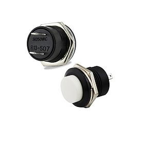 Кнопка без фіксації 16мм R13-507, біла, на замикання, 3A, 2pin, OFF-(ON), гайка