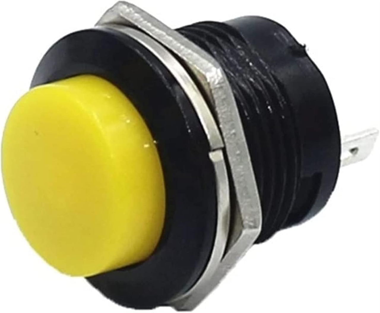 Кнопка без фіксації 16мм R13-507, жовта, на замикання, 3A, 2pin, OFF-(ON), гайка