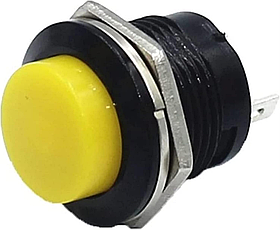 Кнопка без фіксації 16мм R13-507, жовта, на замикання, 3A, 2pin, OFF-(ON), гайка