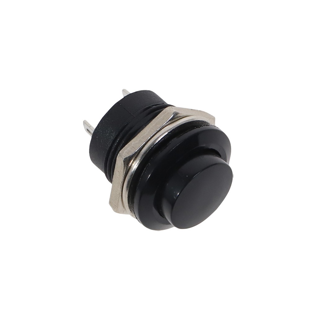 Кнопка без фіксації 16мм R13-507, чорна, на замикання, 3A, 2pin, OFF-(ON), гайка