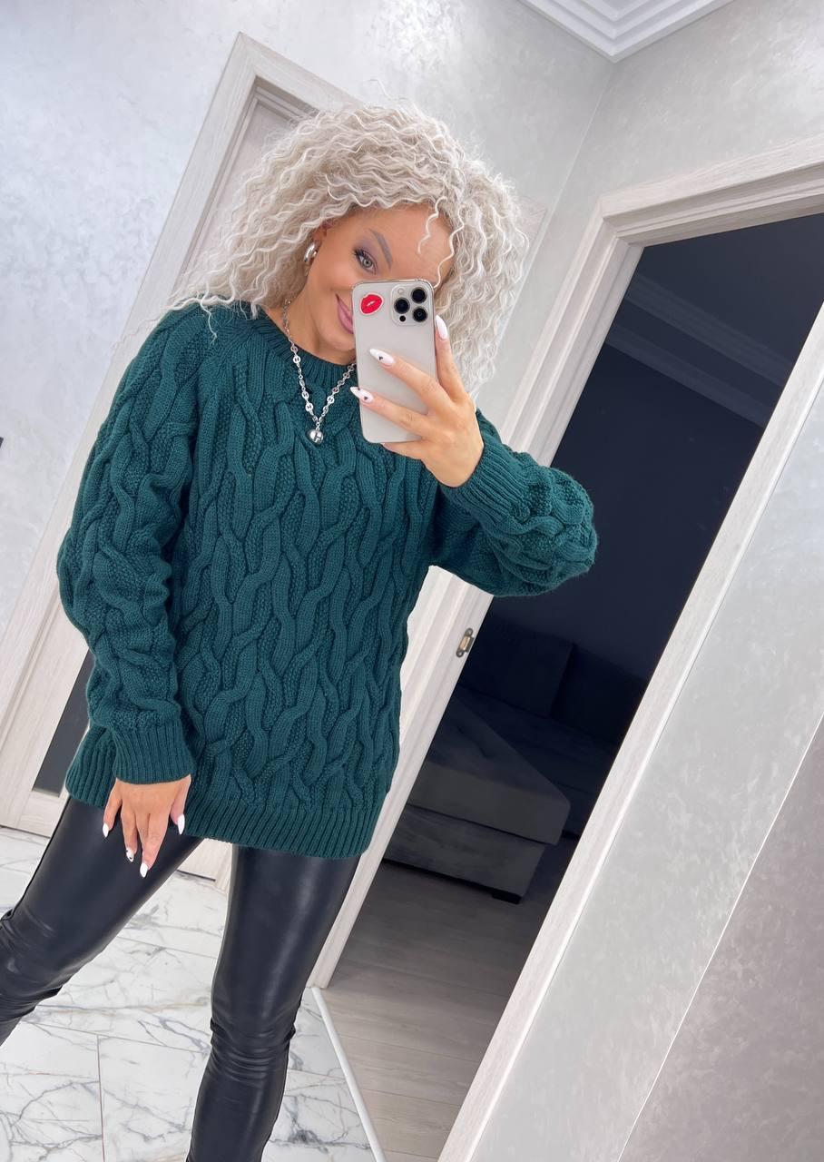 В'язаний стильний вільний теплий светр із візерунком коса, фото 1