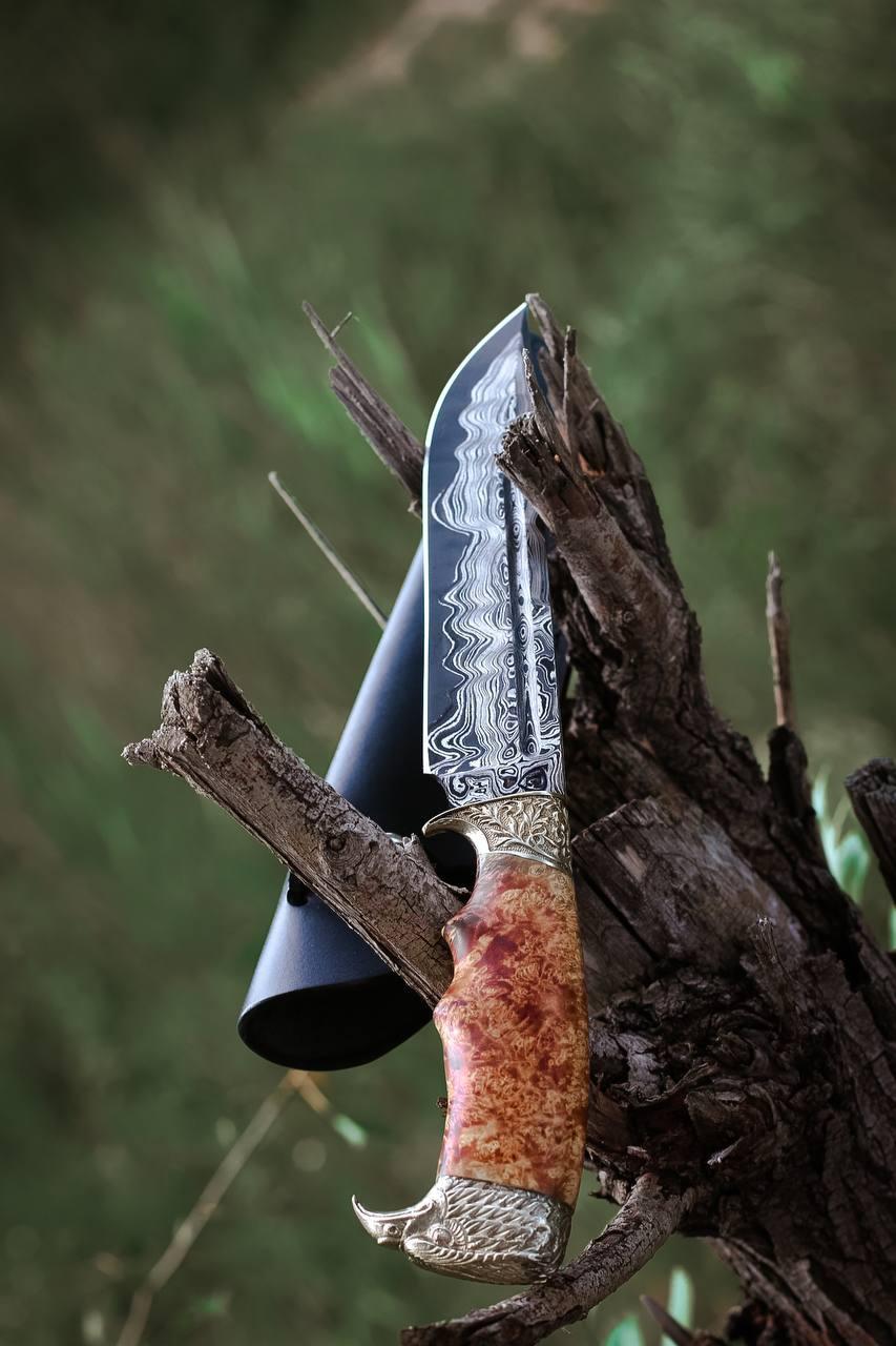 Ексклюзивний ніж ручної роботи з дамаської сталі ШХ15, У8, 9хс «Орел #1» зі шкіряними піхвами, фото 1