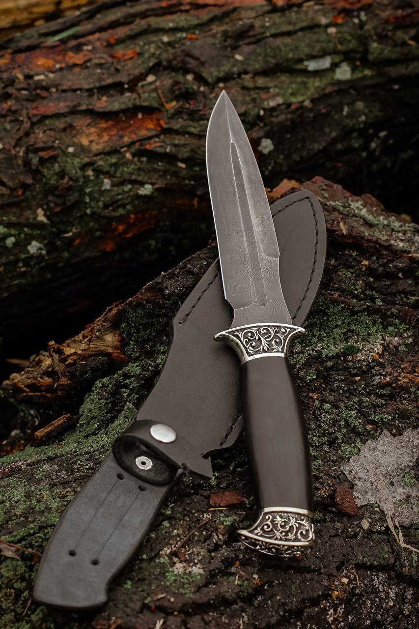 Ніж ручної роботи з дамаської сталі У10А «Антитерор #9» зі шкіряними піхвами 60 HRC, фото 1