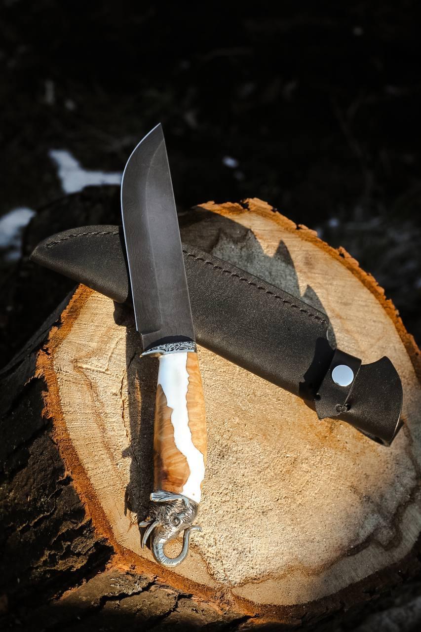 Ніж ручної роботи з дамаської сталі «Слон #3» зі шкіряними піхвами/60-61 HRC., фото 1