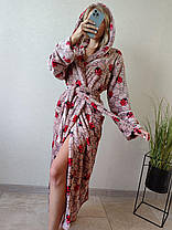 Жіночий теплий бежевий халат із поясом і капюшоном довгий, фото 2