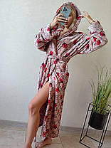 Жіночий теплий бежевий халат із поясом і капюшоном довгий, фото 3