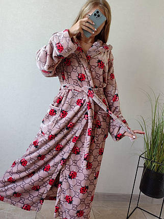 Жіночий теплий бежевий халат із поясом і капюшоном довгий, фото 1