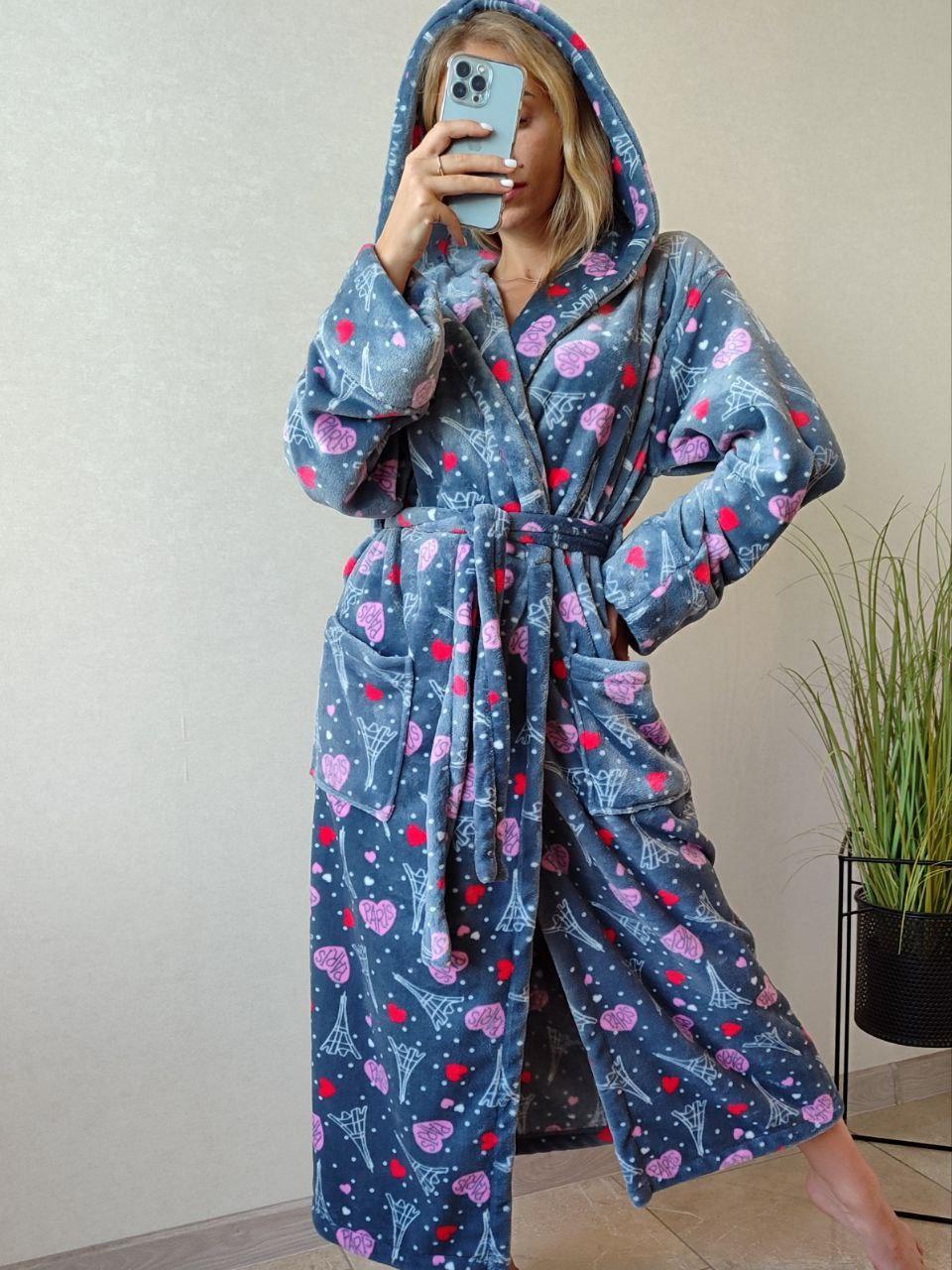 Гарний теплий жіночий довгий махровий халат із поясом серця