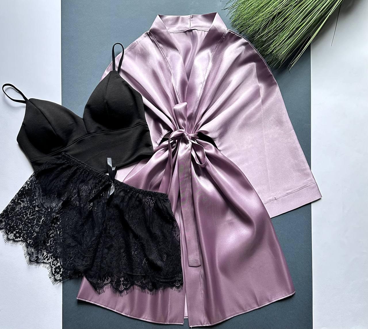 Комплект трійка, топ + шорти та жіночий халат. XS-S