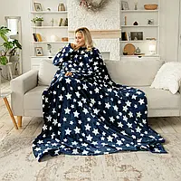 Теплий пухнастий плед із рукавами, руплед із плюшевої махри, синій із зірками art