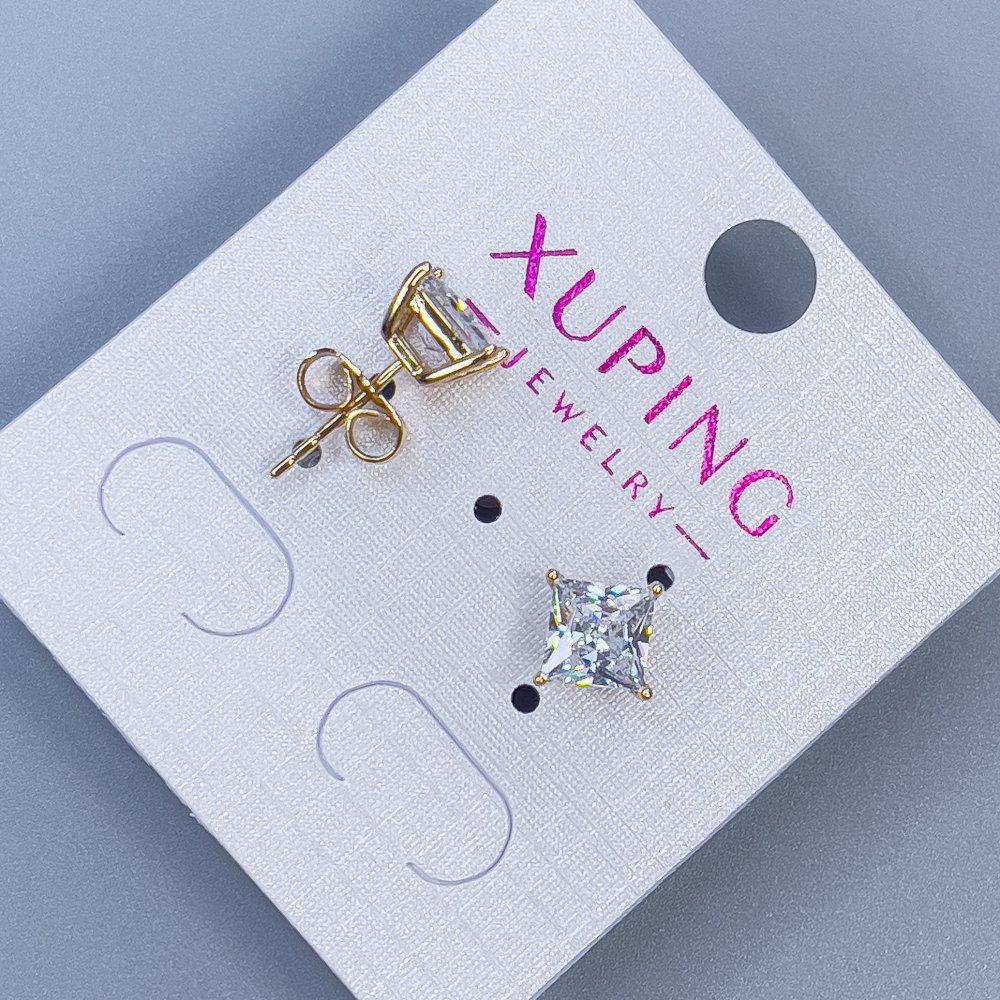 Сережки пусети кульчики Xuping з білим каменем оправа "Квадро" 5мм+- позолота 18к, фото 1