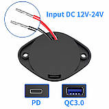 12-24V Накладна USB зарядка QC3.0 + PD Type-C юсб розетка живлення від акумулятора, фото 8