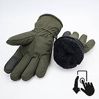 Рукавиці чоловічі водонепроникні на хутрі із сенсорними вставками для керування смартфоном Олива L - XL