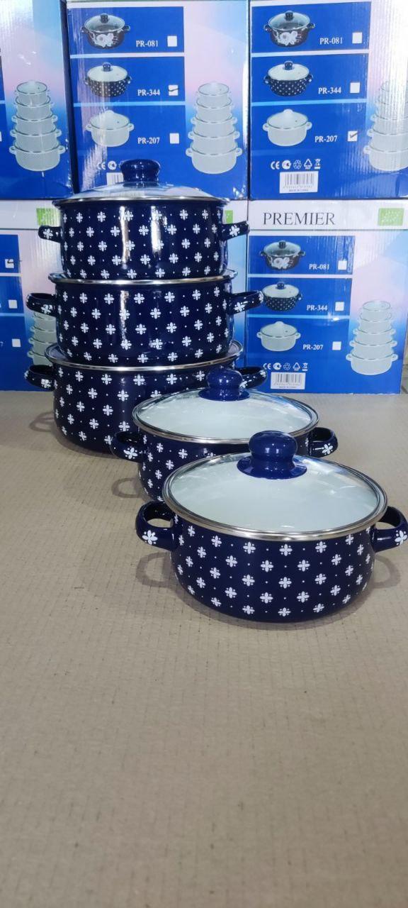 НАБІР ЕМАЛІВОВАНИХ КОСТРУЛЬ З 5 ШТ. PREMIER СІЄК зі скляною кришкою, кухонний набір каструль для дому, фото 1