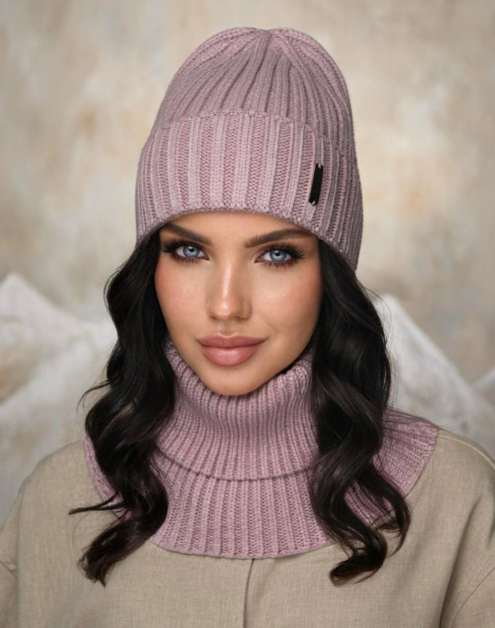 В'язаний комплект- шапка та шарф "Зоряна" колір темна пудра