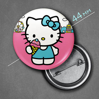 "Кішка Хеллоу Кітті / Hello Kitty" значок круглий на булавці Ø44 мм