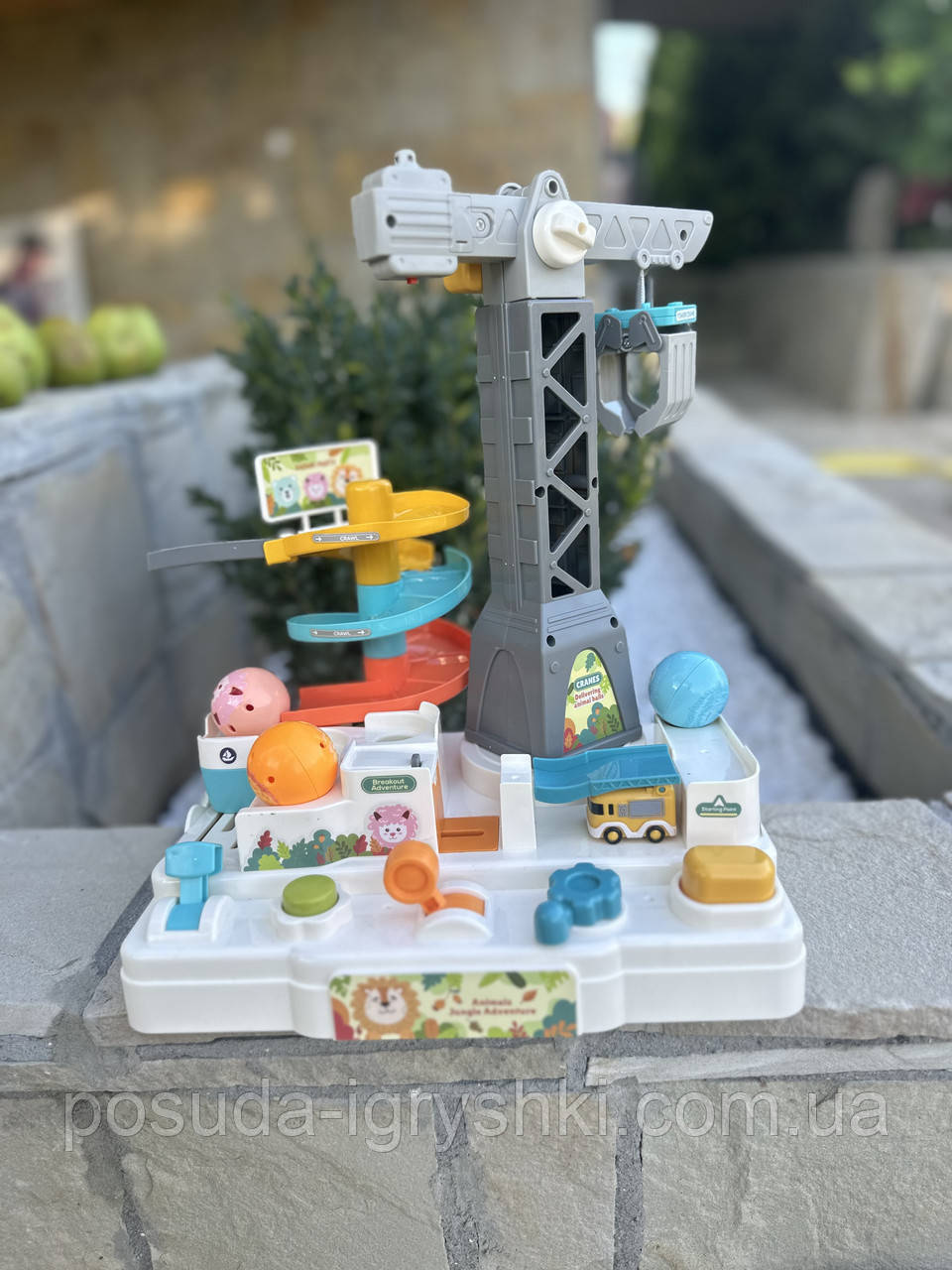 Гараж T920A кран (механічий), кульки 3 шт., рухомі деталі, музика, світло, на батарейках (таблетках), в коробці, 20-27,5-13,5см, фото 1