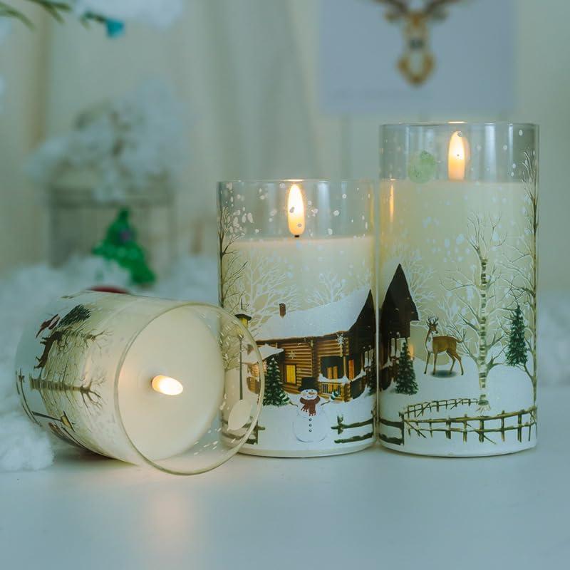 CHIJIRE різдвяні скляні білі мерехтливі без полум'яні свічки з таймером на батарейках набір з 3 справжніх воскових святкових вікон, фото 1
