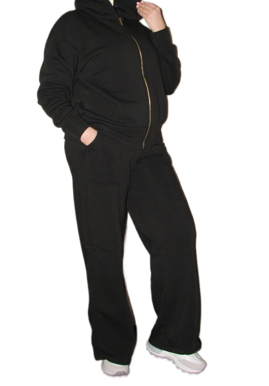 Спортивний костюм жіночий чорний фліс кофта на блискавці та штани клеш розмір 52 з 54, фото 1