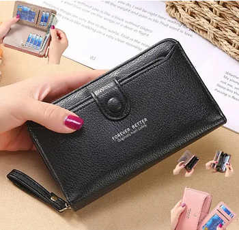 Гаманець жіночий чорний прямокутний 9,5*16 см на блискавці з петелькою Kay