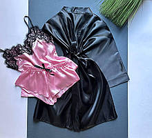 атласний комплект трійка халат + майка + шорти 081-020.