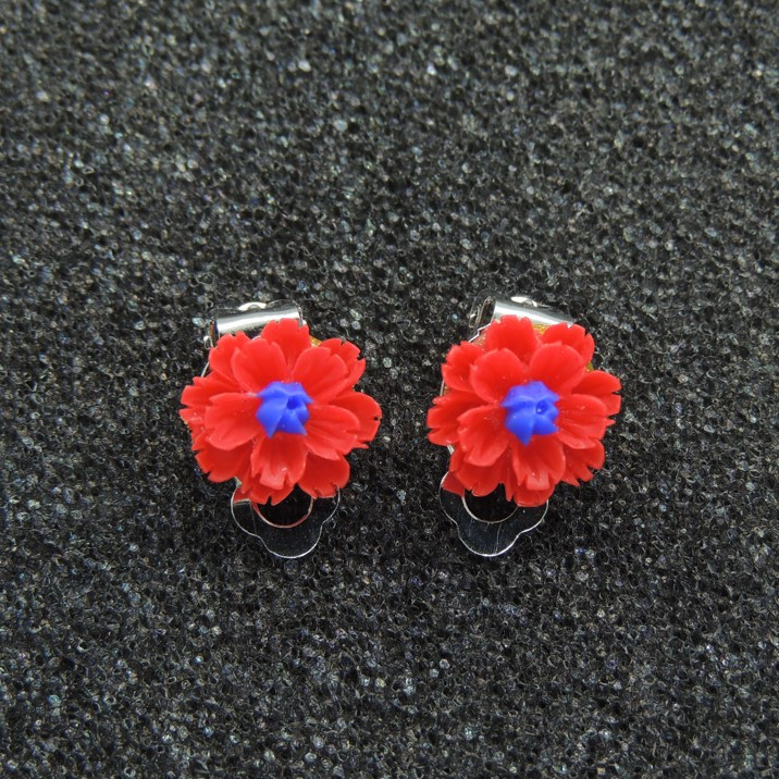 Сережки кліпси дитячі для вух без пробивання квітка Хризантема червона з синім, фото 1