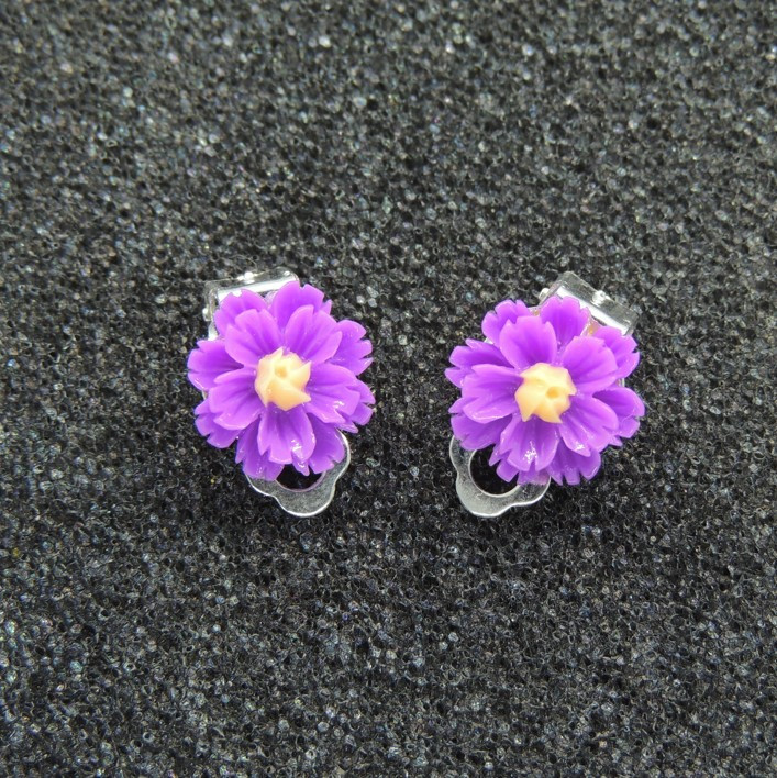 Сережки кліпси дитячі для вух без пробивання квітка Хризантема фіолетова з жовтим, фото 1