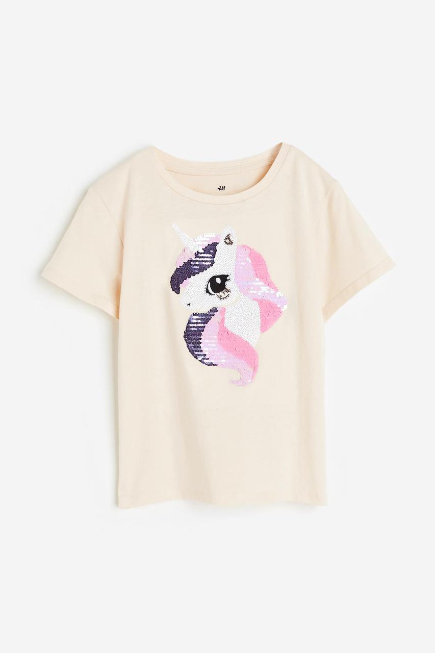 Футболка для дівчинки бежева паєтки Единоріг H&M 134/140см
