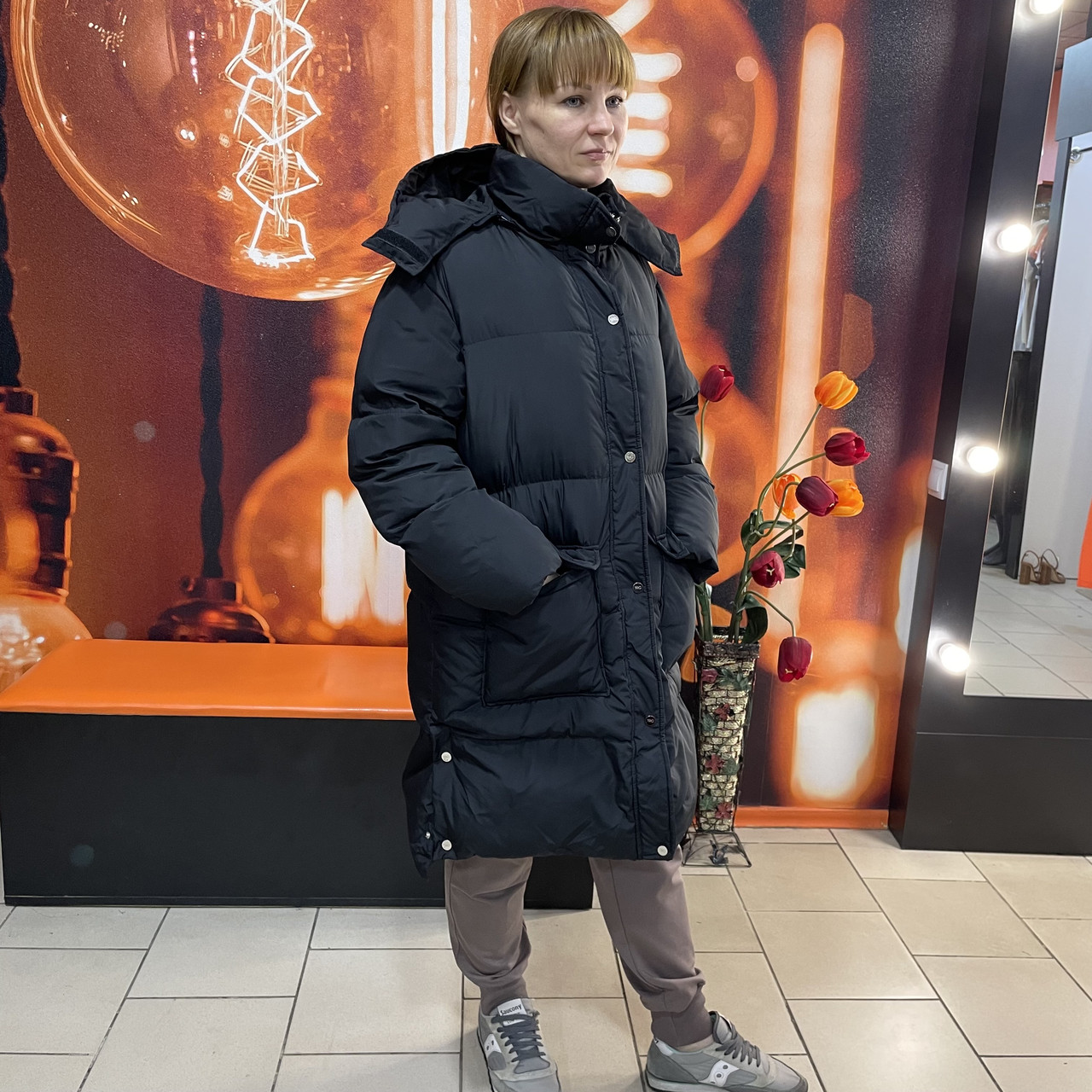 Куртка TRG жіноча пуховик довга щільна плащівка зимова 42 чорна, фото 1